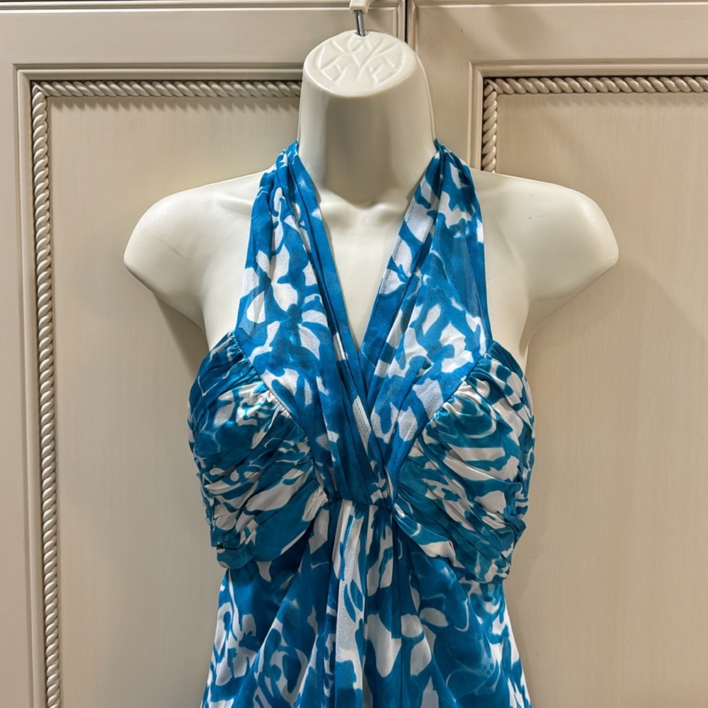 Donna Ricco Turquoise & White Floral Halter Dress Size 2 - Picture 3 of 7